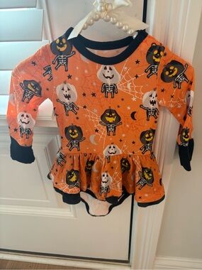 Kids Halloween Pumpkin Skeleton Ruffle Dress Bodysuit - Orange